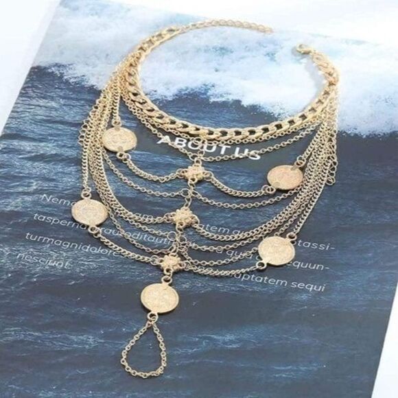 Yellow Gold Multilayered Adjustable Boho Coin Anklet Foot Chains - Set of 2 - Picture 6 of 6